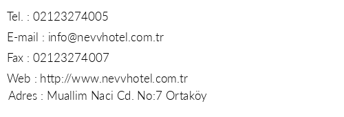 Nevv Bosphorus Hotel & Suites telefon numaralar, faks, e-mail, posta adresi ve iletiim bilgileri